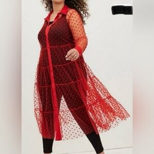 Womens red sheer mesh polka dot duster